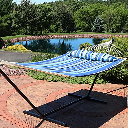 Sunnydaze Outdoor Quilted Fabric Hammock - Two-Person with Spreader Bars - Heavy-Duty 450-Pound Capacity - Misty Beach