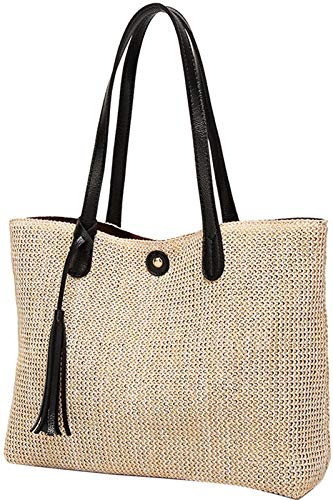 QZUnique Straw Handbags Women's Summer Beach Straw Bucket Tote Bag Straw Woven Handbag Tassel Shoulder Bag Purse