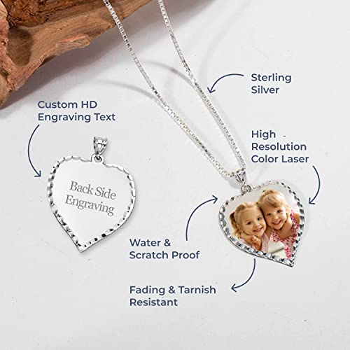 Personalized Photo Engraved Heart Shaped Picture Necklace with Diamond Cut Edge in Silver, Gold, White Gold or Rose Gold - 1 Inch x 1 Inch