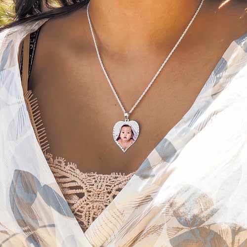 Personalized Photo Engraved Heart Shaped Picture Necklace with Diamond Cut Edge in Silver, Gold, White Gold or Rose Gold - 1 Inch x 1 Inch