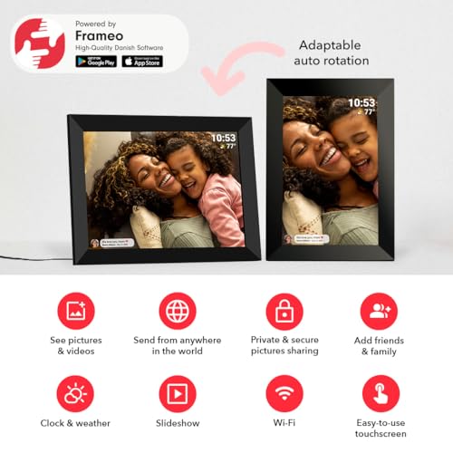 Frameo 10.1 Inch WiFi Digital Picture Frame with 1280 * 800P IPS Touch Screen HD Disply,Built-in 16GB Storage,Video Clips and Slide Show,Send Photos Instantly from Anywhere with via Free APP…