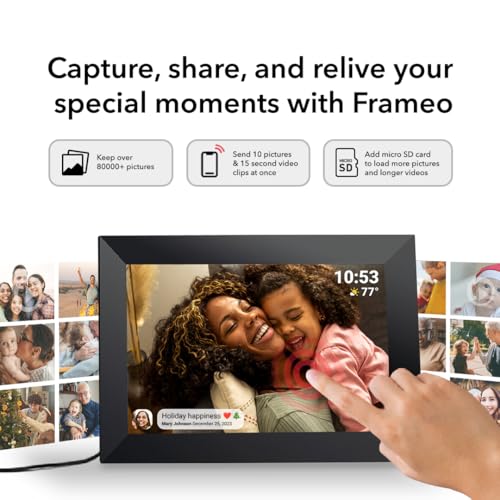 Frameo 10.1 Inch WiFi Digital Picture Frame with 1280 * 800P IPS Touch Screen HD Disply,Built-in 16GB Storage,Video Clips and Slide Show,Send Photos Instantly from Anywhere with via Free APP…