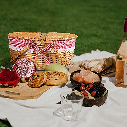 Wicker Picnic Basket with Lid and Handle Sturdy Woven Body with Washable Plaids Liner,Red