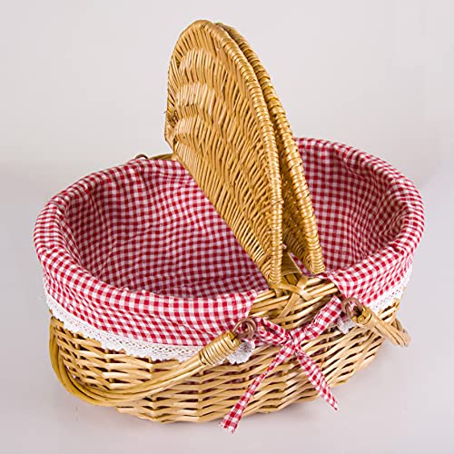 Wicker Picnic Basket with Lid and Handle Sturdy Woven Body with Washable Plaids Liner,Red