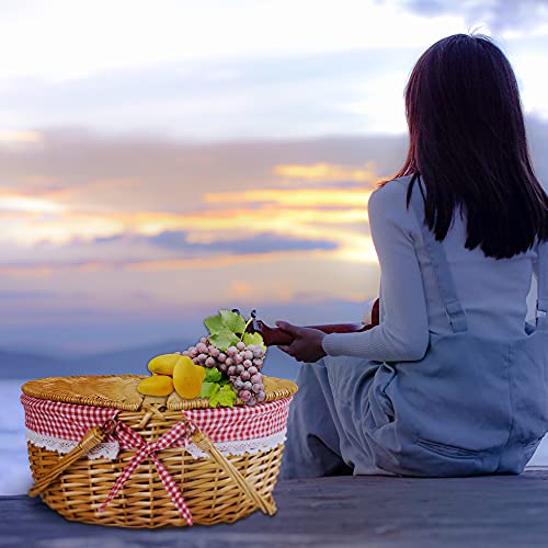 Wicker Picnic Basket with Lid and Handle Sturdy Woven Body with Washable Plaids Liner,Red