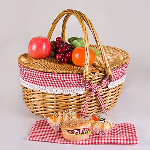 Wicker Picnic Basket with Lid and Handle Sturdy Woven Body with Washable Plaids Liner,Red