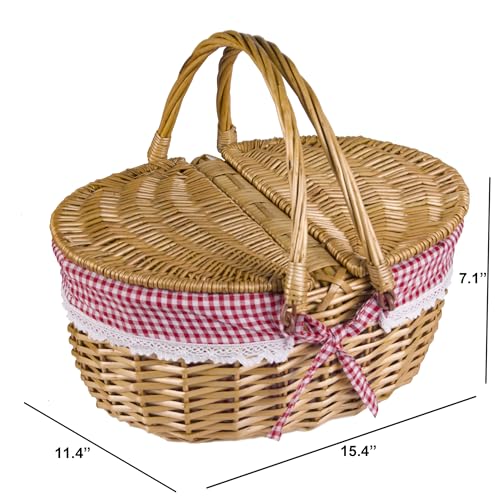 Wicker Picnic Basket with Lid and Handle Sturdy Woven Body with Washable Plaids Liner,Red