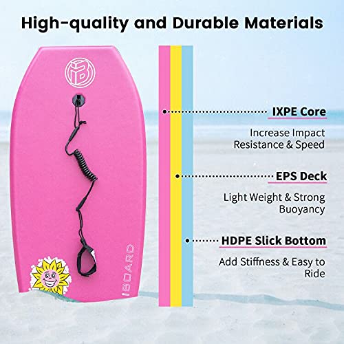 Bodyboard with Wrist Leash Lightweight Body Board for Adults and Kids with EPS Core 33/37/41 Inch Choose Color