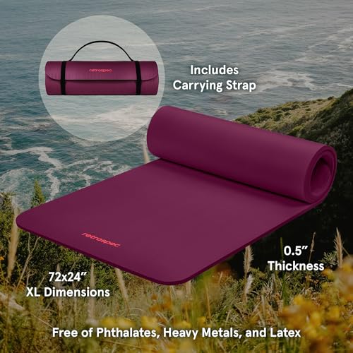 Retrospec Solana Yoga Mat 1/2" Thick w/Nylon Strap for Men & Women - Non Slip Excercise Mat for Yoga, Pilates, Stretching, Floor & Fitness Workouts, Boysenberry