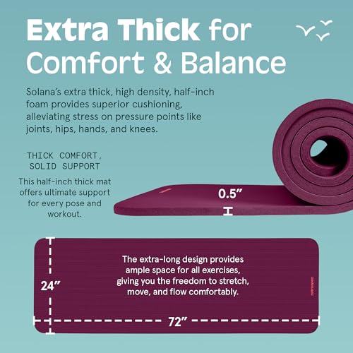 Retrospec Solana Yoga Mat 1/2" Thick w/Nylon Strap for Men & Women - Non Slip Excercise Mat for Yoga, Pilates, Stretching, Floor & Fitness Workouts, Boysenberry