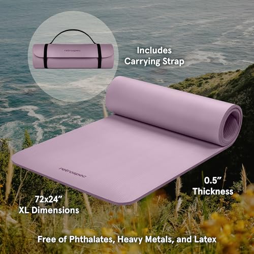 Retrospec Solana Yoga Mat 1/2" Thick w/Nylon Strap for Men & Women - Non Slip Excercise Mat for Yoga, Pilates, Stretching, Floor & Fitness Workouts, Violet haze