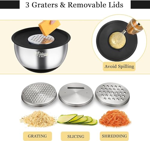 Wildone Mixing Bowls with Airtight Lids, 22 PCS Stainless Steel Nesting Bowls, with 3 Grater Attachments, Scale Marks & Non-Slip Bottom, Size 5, 4, 3, 2,1.5, 0.63QT, Ideal for Mixing & Prepping