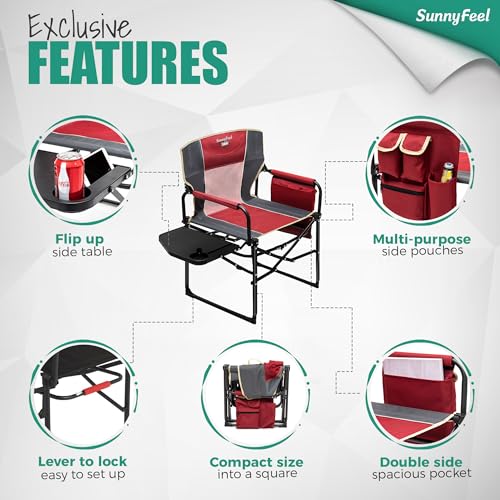 SUNNYFEEL Camping Directors Chair, Heavy Duty,Oversized Portable Folding Chair with Side Table, Pocket for Beach, Fishing,Trip,Picnic,Lawn,Concert Outdoor Foldable Camp Chairs