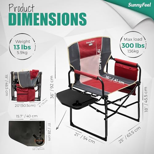 SUNNYFEEL Camping Directors Chair, Heavy Duty,Oversized Portable Folding Chair with Side Table, Pocket for Beach, Fishing,Trip,Picnic,Lawn,Concert Outdoor Foldable Camp Chairs