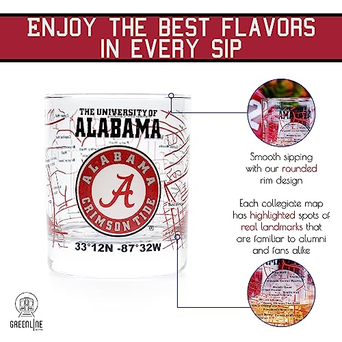 The University Of Alabama Whiskey Glass Set (2 Low Ball Glasses) - Contains Full Color Alabama Logo & Campus Map - Alabama Gift Idea for College Grads & Alumni - College Cocktail Glassware