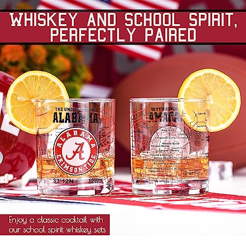 The University Of Alabama Whiskey Glass Set (2 Low Ball Glasses) - Contains Full Color Alabama Logo & Campus Map - Alabama Gift Idea for College Grads & Alumni - College Cocktail Glassware