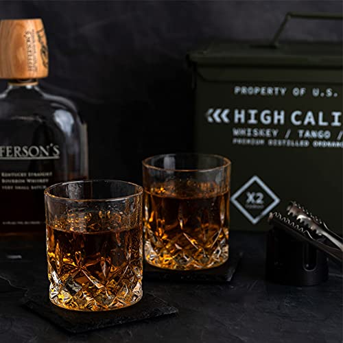 Whiskey Glasses and Whiskey Stones in Unique Tactical Box Display | Bourbon Cocktail Glasses, Coasters and Tongs | Whiskey Glasses for Men | Whiskey Gifts for Men | Whiskey Glass Set