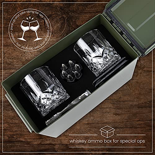 Whiskey Glasses and Whiskey Stones in Unique Tactical Box Display | Bourbon Cocktail Glasses, Coasters and Tongs | Whiskey Glasses for Men | Whiskey Gifts for Men | Whiskey Glass Set