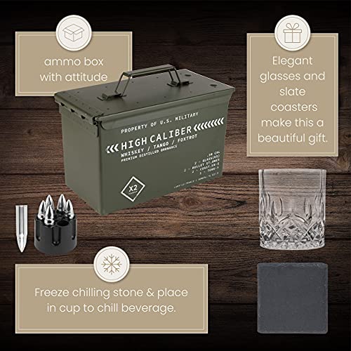 Whiskey Glasses and Whiskey Stones in Unique Tactical Box Display | Bourbon Cocktail Glasses, Coasters and Tongs | Whiskey Glasses for Men | Whiskey Gifts for Men | Whiskey Glass Set