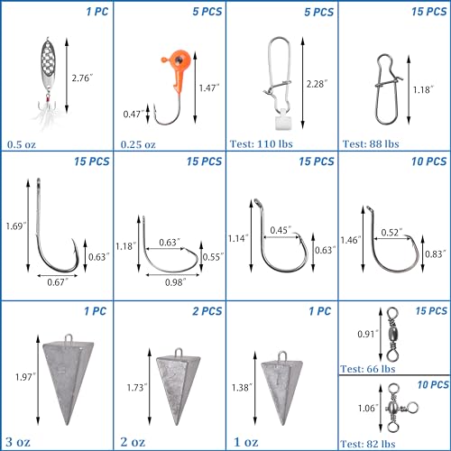 Saltwater Fishing Gear, 180pcs Saltwater Surf Fishing Tackle Kit Fishing Bait Rigs Saltwater Fishing Lures Spoon Fishing Hooks Pyramid Sinker Leaders Swivel Slip Bobbers Various Fishing Accessories