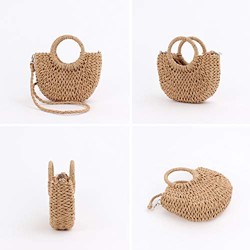 Mini Semi-circle Rattan Straw Bag, Hand-woven Women Summer Retro Beach Tote Shoulder Bag Crossbody Travel Beach Bag