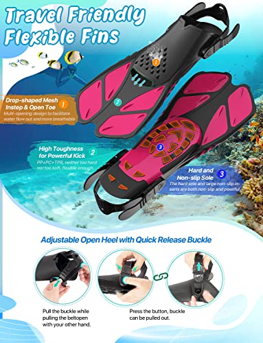 Zenoplige Mask Fins Snorkel Set, Snorkeling Gear for Adults, Panoramic View Snorkel Mask Anti-Fog, Adjustable Dive Flippers, Dry Top Snorkel and Travel Bag, Scuba Gear for Swimming Snorkeling Diving