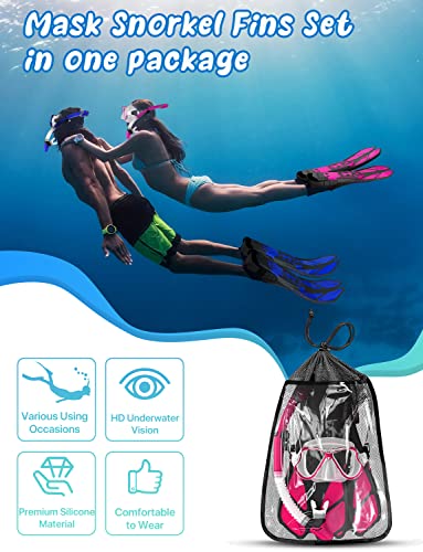 Zenoplige Mask Fins Snorkel Set, Snorkeling Gear for Adults, Panoramic View Snorkel Mask Anti-Fog, Adjustable Dive Flippers, Dry Top Snorkel and Travel Bag, Scuba Gear for Swimming Snorkeling Diving