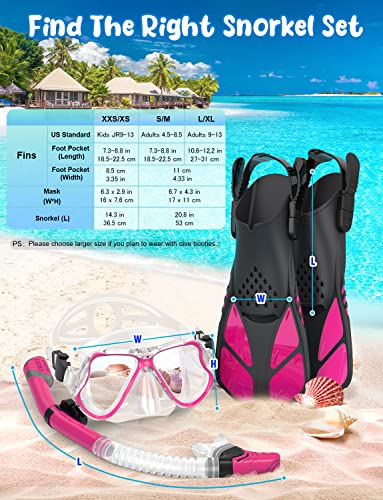 Zenoplige Mask Fins Snorkel Set, Snorkeling Gear for Adults, Panoramic View Snorkel Mask Anti-Fog, Adjustable Dive Flippers, Dry Top Snorkel and Travel Bag, Scuba Gear for Swimming Snorkeling Diving