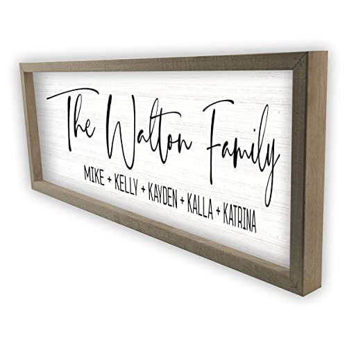 Personalized Framed Wooden Family Name Sign (6" x 18", Weathered Grey Frame, White Background)