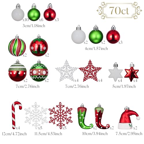 Valery Madelyn Christmas Ornaments Set, 70ct Elf Red Green White Shatterproof Christmas Tree Decorations Ball Ornaments Bulk, Variety Decorative Hanging Ornaments for Xmas Trees Holiday Party Decor