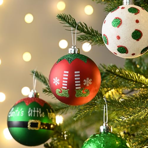 Valery Madelyn Christmas Ornaments Tree Decorations, 16ct Elf Red Green White Shatterproof Christmas Ball Ornaments Set, 3.15 Inch Decorative Hanging Ornament Bulk for Xmas Holiday Party Decor