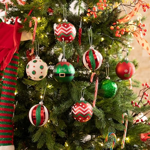 Valery Madelyn Christmas Ornaments Tree Decorations, 16ct Elf Red Green White Shatterproof Christmas Ball Ornaments Set, 3.15 Inch Decorative Hanging Ornament Bulk for Xmas Holiday Party Decor