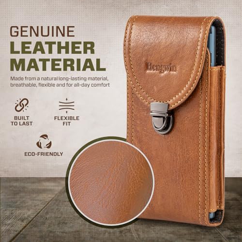 Hengwin Genuine Leather Cell Phone Holster Fits for iPhone 16 Pro Max 15 Pro Max 14 Pro Max 13 Pro Max Samsung S24 Ultra S23 Ultra Holster Belt Case with Belt Clip/Loop Phone Holder for Men (Brown)