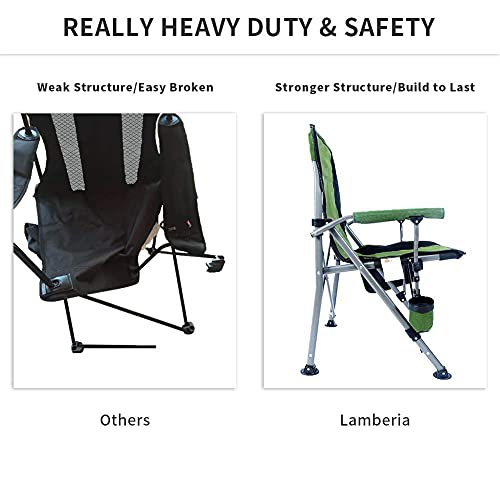 Lamberia Folding Camping Chair for Adults Heavy Duty 330 LBS Capacity Outdoor Camp Chair Thicken 600D Oxford Mesh Back Quad with Arm Rest Cup Holder and Portable Carrying Bag(Green)