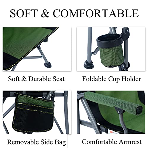 Lamberia Folding Camping Chair for Adults Heavy Duty 330 LBS Capacity Outdoor Camp Chair Thicken 600D Oxford Mesh Back Quad with Arm Rest Cup Holder and Portable Carrying Bag(Green)