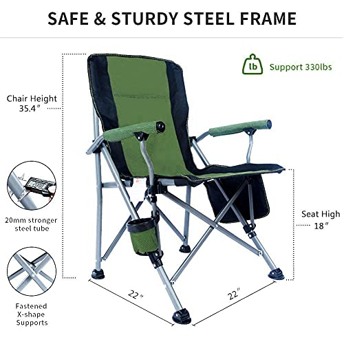 Lamberia Folding Camping Chair for Adults Heavy Duty 330 LBS Capacity Outdoor Camp Chair Thicken 600D Oxford Mesh Back Quad with Arm Rest Cup Holder and Portable Carrying Bag(Green)