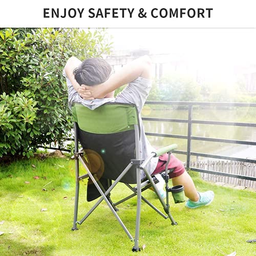 Lamberia Folding Camping Chair for Adults Heavy Duty 330 LBS Capacity Outdoor Camp Chair Thicken 600D Oxford Mesh Back Quad with Arm Rest Cup Holder and Portable Carrying Bag(Green)