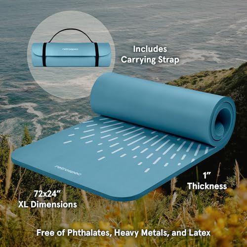 Retrospec Solana Yoga Mat 1" Thick w/Nylon Strap for Men & Women - Non Slip Exercise Mat for Home Yoga, Pilates, Stretching, Floor & Fitness Workouts, Blue Mist