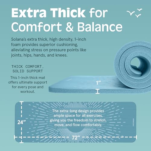 Retrospec Solana Yoga Mat 1" Thick w/Nylon Strap for Men & Women - Non Slip Exercise Mat for Home Yoga, Pilates, Stretching, Floor & Fitness Workouts, Blue Mist