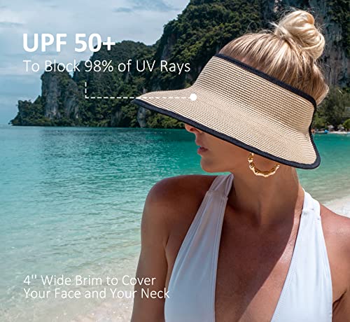 Joywant Sun Visor Hats for Women, Women's Summer Ponytail Foldable Straw Beach Hat with UPF 50+