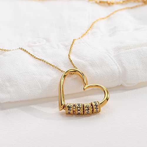 MYKA - Personalized Heart Shape Necklace with Engraved Beads for Women, Custom Inscribed Names, Optional Diamond Stone, Dainty Fashion Jewelry for Mom, Grandma for Mother's Day