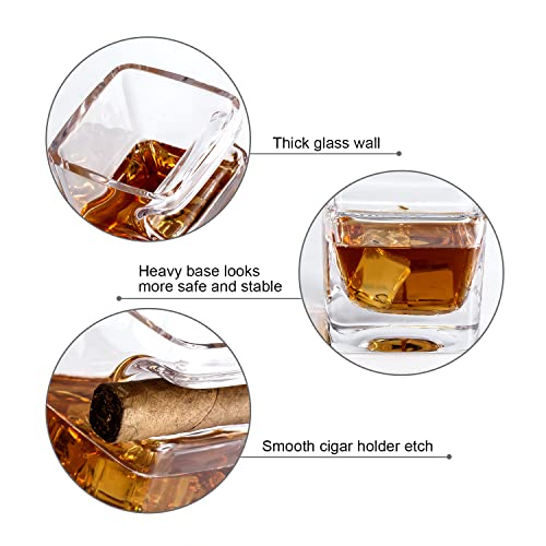 Cigar Whiskey Glasses Set of 2-12oz Old Fashioned Glass With Side Mounted Holder Rest - Crystal Wine Cup for Cocktails, Scotch, Bourbon, Gifts for Men