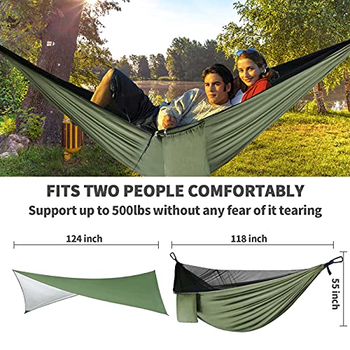 Camping Hammock - Hammocks with Mosquito Net Tent and Rain Fly Tarp, Portable Single & Double Nylon Parachute Hammock with Heavy Duty Tree Strap, Indoor Outdoor Backpacking Survival Travel