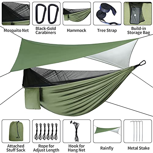 Camping Hammock - Hammocks with Mosquito Net Tent and Rain Fly Tarp, Portable Single & Double Nylon Parachute Hammock with Heavy Duty Tree Strap, Indoor Outdoor Backpacking Survival Travel