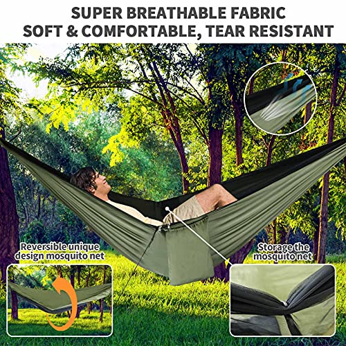 Camping Hammock - Hammocks with Mosquito Net Tent and Rain Fly Tarp, Portable Single & Double Nylon Parachute Hammock with Heavy Duty Tree Strap, Indoor Outdoor Backpacking Survival Travel