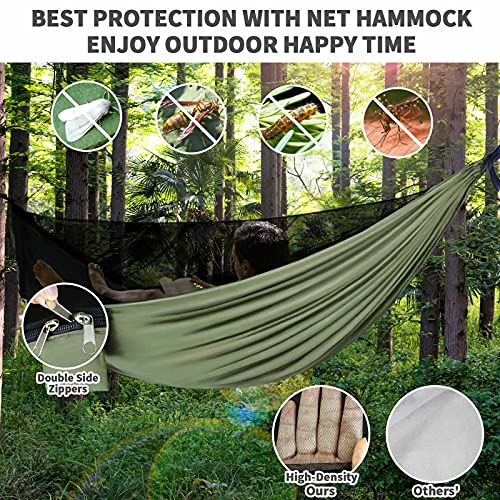 Camping Hammock - Hammocks with Mosquito Net Tent and Rain Fly Tarp, Portable Single & Double Nylon Parachute Hammock with Heavy Duty Tree Strap, Indoor Outdoor Backpacking Survival Travel