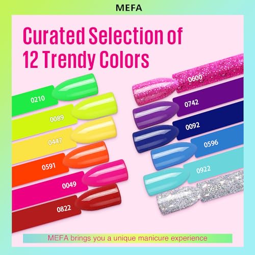 MEFA Neon Gel Nail Polish Set 12 Colors, Spring Summer Gel Nail Kit Green Glitter Hot Pink Blue Yellow Purple Red Collection for Starters Nail Art Manicure at Home DIY Gifts for Women Girls