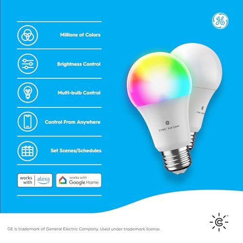 GE CYNC A19 Smart LED Light Bulbs, Color Changing Room Décor, Bluetooth and WiFi Light Bulbs, 60W Equivalent, Work with Amazon Alexa and Google Home (2 Pack)