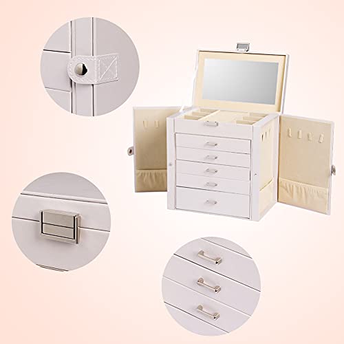 Frebeauty Large Jewelry Box,6-Tier PU Leather Jewelry Organizer,Multi-functional Storage Case with Mirror,Accessories Holder with 5 Drawers for Necklace Bracelets Watches(Pearl White)