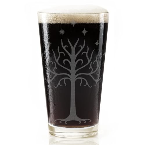 WHITE TREE OF GONDOR Engraved 16oz Pint Glass | Inspired by Tolkien LOTR and Middle Earth | Great Christmas Gift Idea | Unique Elvish Hobbit Wizard Fantasy Decor!